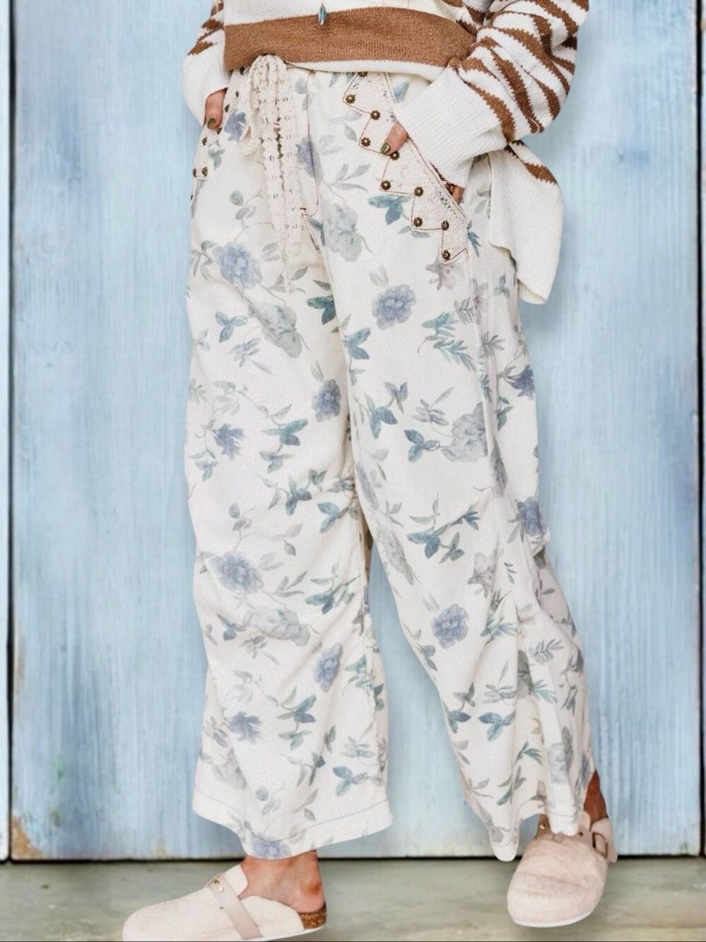 POL Cottagecore Floral Wide Leg Pants Boho Crochet Lace Studded Cotton Large - Picture 7 of 15